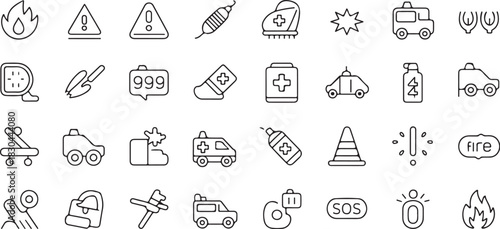 Emergency web icons in line style with editable stroke, featuring danger, warning, emergency response, 911, paramedic, accident, alert, safety, sos, cone, fire. thin linear vector illustration.