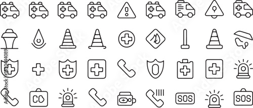 Emergency web icons in line style with editable stroke, featuring danger, warning, emergency response, 911, paramedic, accident, alert, safety, sos, cone, fire. thin linear vector illustration.