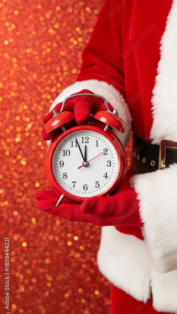 Naklejka premium Santa holding a red alarm clock showing twelve o clock against a sparkling red background close up view christams photos