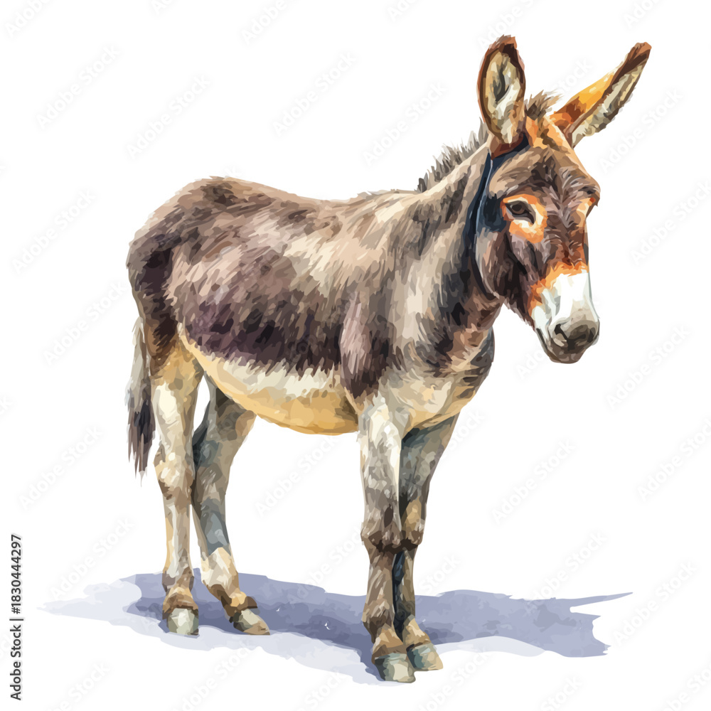 Obraz premium Isometric watercolor rendering of Donkey, isolated on a clean white background.