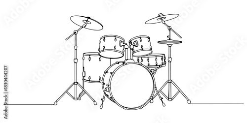 Continuous single line drawing of drum set, symbolizing music and rhythm, line art style vector illustration.