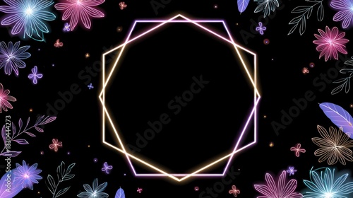 Elegant Floral Frame: A radiant hexagonal frame, beautifully highlighted with vibrant colors, is gracefully nestled amidst a cascade of delicate flowers.