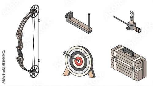 Collection of archery equipment including a compound bow, target, and carry case