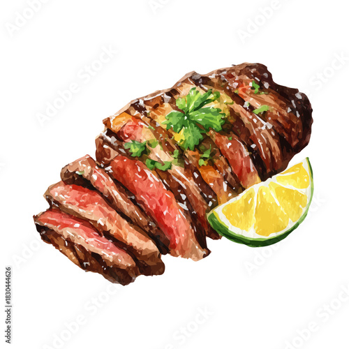 Isometric-style watercolor depiction of Carne Asada, set against a white background.