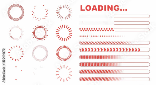 Red Loading UI Elements and Progress Bars Collection Isolated on White Background