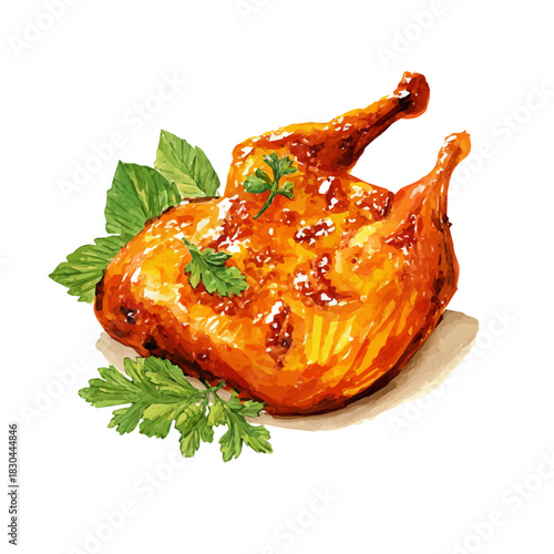 Isometric watercolor graphic of Tandoori Chicken, neatly isolated on white background.