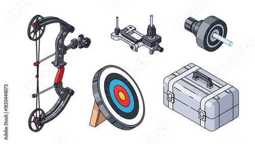 Set of professional archery sport gear with a compound bow, bullseye target, and equipment accessories in an isometric illustration