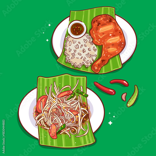 Authentic Thai Street Food Illustration Som Tum and Grilled Chicken Set with Sticky Rice
