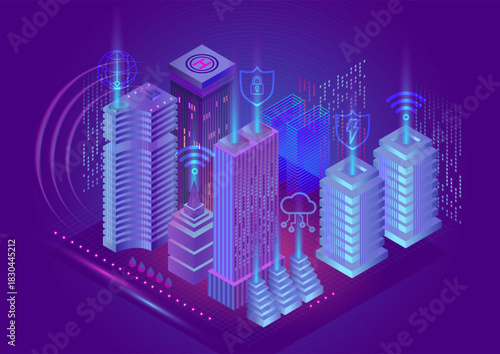 Isometric Smart City with Neon Tech Icons