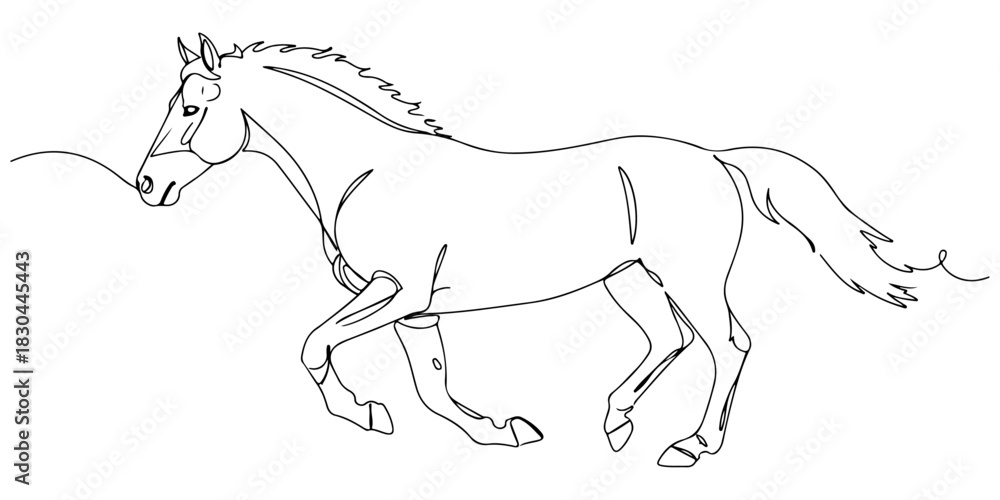 Fototapeta premium Continuous one line drawing of a galloping horse, representing freedom and grace, line art style vector illustration.