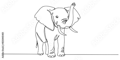 Continuous one line drawing of an elephant with large ears and a protruding trunk, representing strength and wisdom, line art style vector illustration.