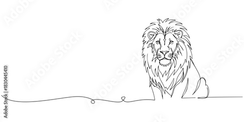 Continuous one line drawing of a lion with flowing mane, representing courage and authority, line art style vector illustration.