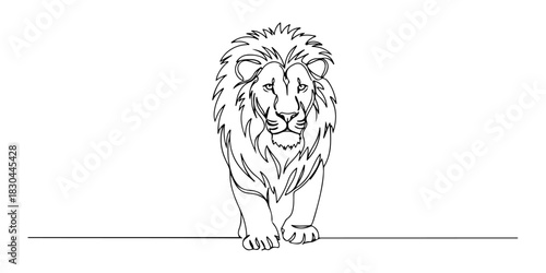 Continuous one line drawing of a lion with flowing mane, representing courage and authority, line art style vector illustration.