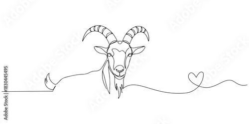 Continuous one line drawing of a goat with a pointed beard and horns, representing endurance and balance, line art style vector illustration.
