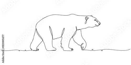 Continuous one line drawing of a polar bear walking, representing strength and resistance to cold, line art style vector illustration.