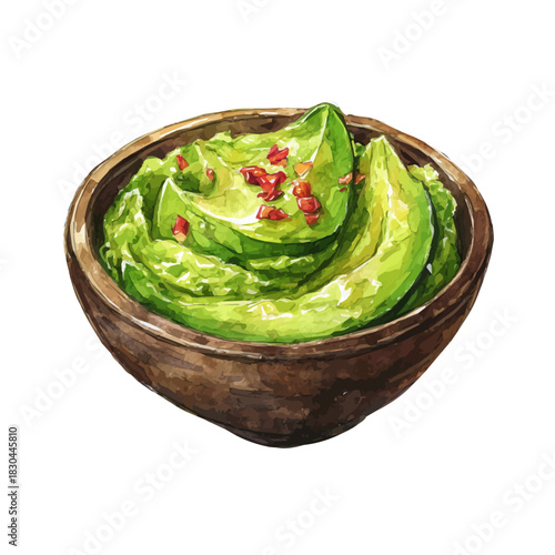 Isometric watercolor rendering of Guacamole, isolated on a clean white background.