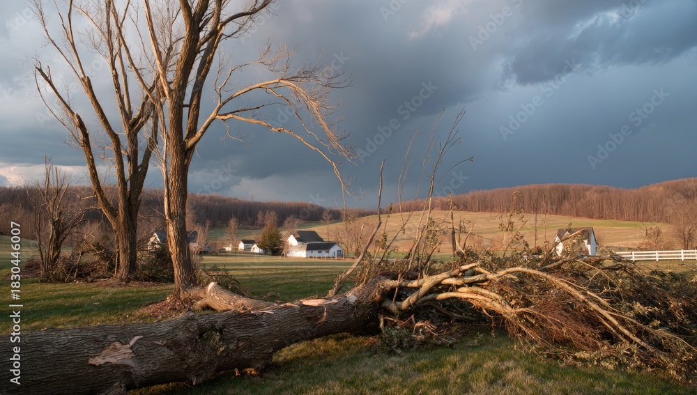 Obraz premium Fallen tree after storm, rural landscape