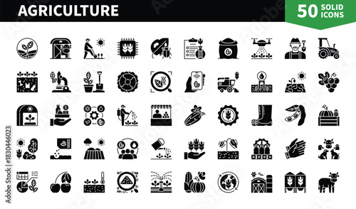 Set of 50 solid icons related to Agriculture. Containing farming, vegetables, biotechnology, livestock, seeding, market, barn and more. Pictograms for web, mobile app and infographics
