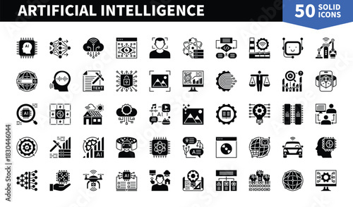 Set of 50 solid icons related to Artificial Intelligence. Containing deep learning, algorithm, innovation, virtual, machine learning, cyberspace, tech and more. Pictograms for web, mobile app and info