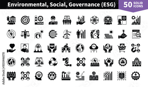 Set of 50 solid icons related to Environmental, Social, and Governance ESG. Containing society, analysis, strategy, wellbeing, company, performance, diversity, ethical and more. Pictograms for web, mo