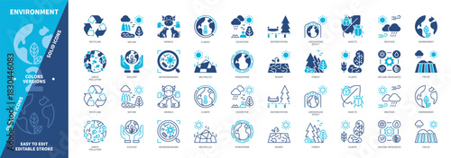 Environment icon set. Recycling, Atmosphere, Microorganisms, Insects, Nature, Weather, Natural Resources, Ecology. Duotone color solid and editable outline icons