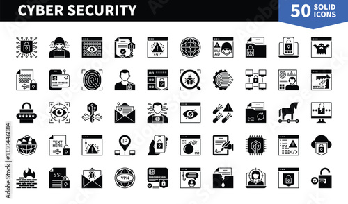 Set of 50 solid icons related to Cyber Security. Containing password, hacker, fingerprint, internet, cyber attack, firework, network and more. Pictograms for web, mobile app and infographics