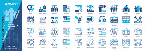Democracy icon set. Freedom, Constitution, Minority Rights, Personal Property, Public Opinion, President, Civil Liberties, Opposition. Duotone color solid and editable outline icons