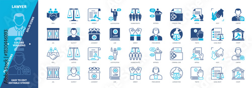 Lawyer icon set. Procurator, Verdict, Criminal Case, Appeal, Legal Rights, Arrest, Witness, Court. Duotone color solid and editable outline icons