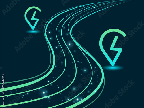 Electric vehicle Dashboard Interface with Futuristic Light effect Curved Road and EV Charging map points, pinpoints vector design concept. EV charging design for Electric Car, EV station, UI, website.