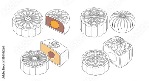 Isometric line art illustration set featuring various traditional Chinese mooncakes, depicting whole pastries and cross-sections revealing rich fillings and salted egg yolks.