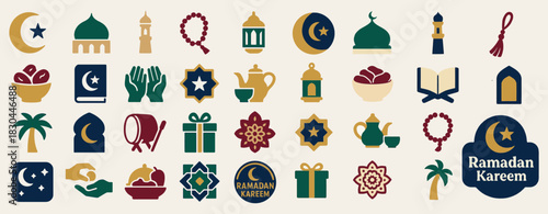 Ramadan Kareem Icons Collection with Crescent, Lanterns, and Islamic Symbols