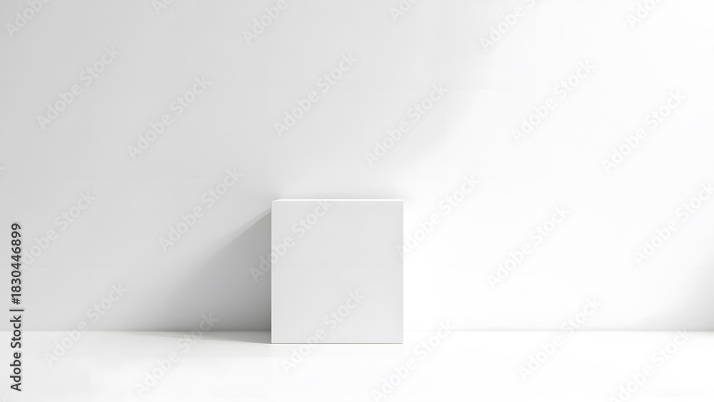 Fototapeta premium A minimalist, stark white rectangular object casts a long, soft shadow against a pristine white background.