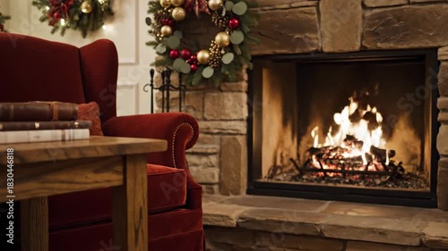 Cozy Christmas evening scene with a roaring fire in a stone fireplace, a comfortable red armchair, and festive holiday decorations. 4K Footage