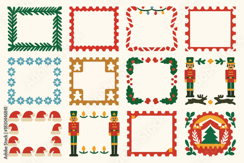 Christmas Market Frames with Nutcrackers, Santa Hats, and Holiday Decorations