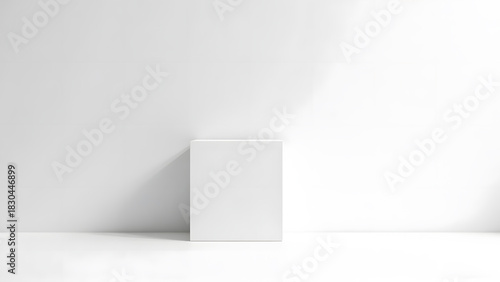 A minimalist, stark white rectangular object casts a long, soft shadow against a pristine white background.