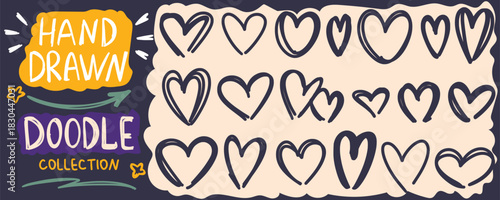 Hand drawn doodle set of hearts. Ink simple, casual icons of love symbols. Graphic elements for notes, diary, and collage. Vector, sketch