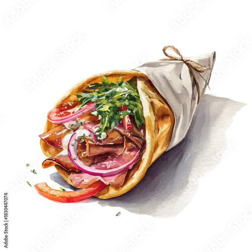 Isometric watercolor graphic of Gyro, neatly isolated on white background.