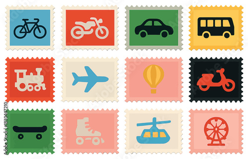 Transportation Stamp Icon Set with Vehicles, Rides, and Travel Symbols
