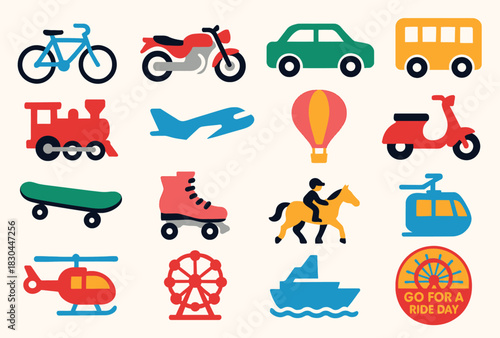 Transportation and Travel Icon Set with Vehicles, Airplanes, and Rides
