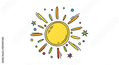 A cheerful, hand-drawn cartoon sun with colorful rays, stars, and dots on a white background.