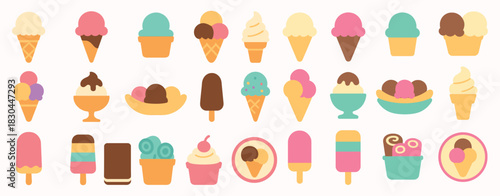 Ice Cream Icon Set with Various Flavors and Forms