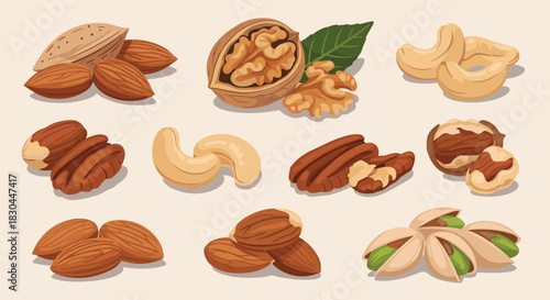 An appealing arrangement of various healthy nuts including almonds, walnuts, cashews, pecans, Brazil nuts, and pistachios on a light background.