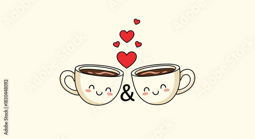 Two adorable cartoon coffee cups with smiling faces, an ampersand, and red hearts symbolize love and connection.