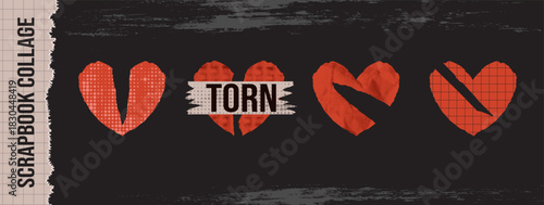 Scrapbook heart set with torn paper cuts and valentine labels.