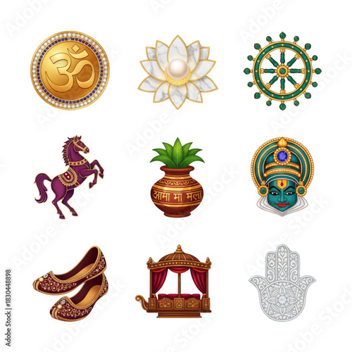 Luxury Golden Indian and Hindu Culture Icons Set: Wedding, Festival, and Religious Symbols