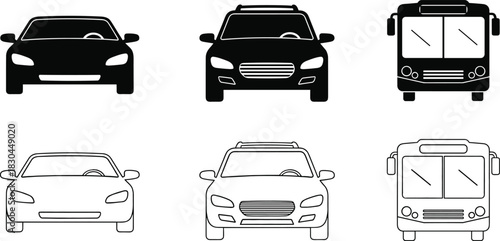 Vehicle icon set, sedan SUV bus, front view, solid and outline, black and white, transportation symbols, car graphics, vector illustration