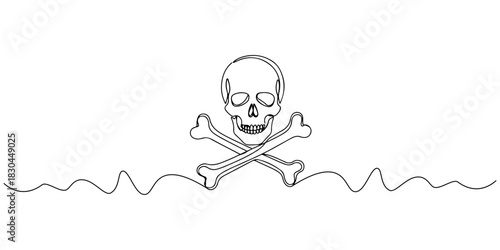 Continuous one line drawing of skull, poison and rebellion, , line art style vector illustration.