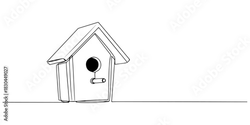 Continuous one line drawing of bird house, symbolizing time and nature, line art style vector illustration.