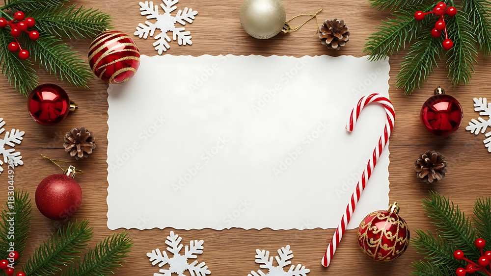 Obraz premium Christmas Card with Festive Ornaments and Greenery on a Wooden Background