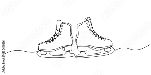 Continuous one line drawing of ice skates, symbolizing winter sports and fun, line art style vector illustration.